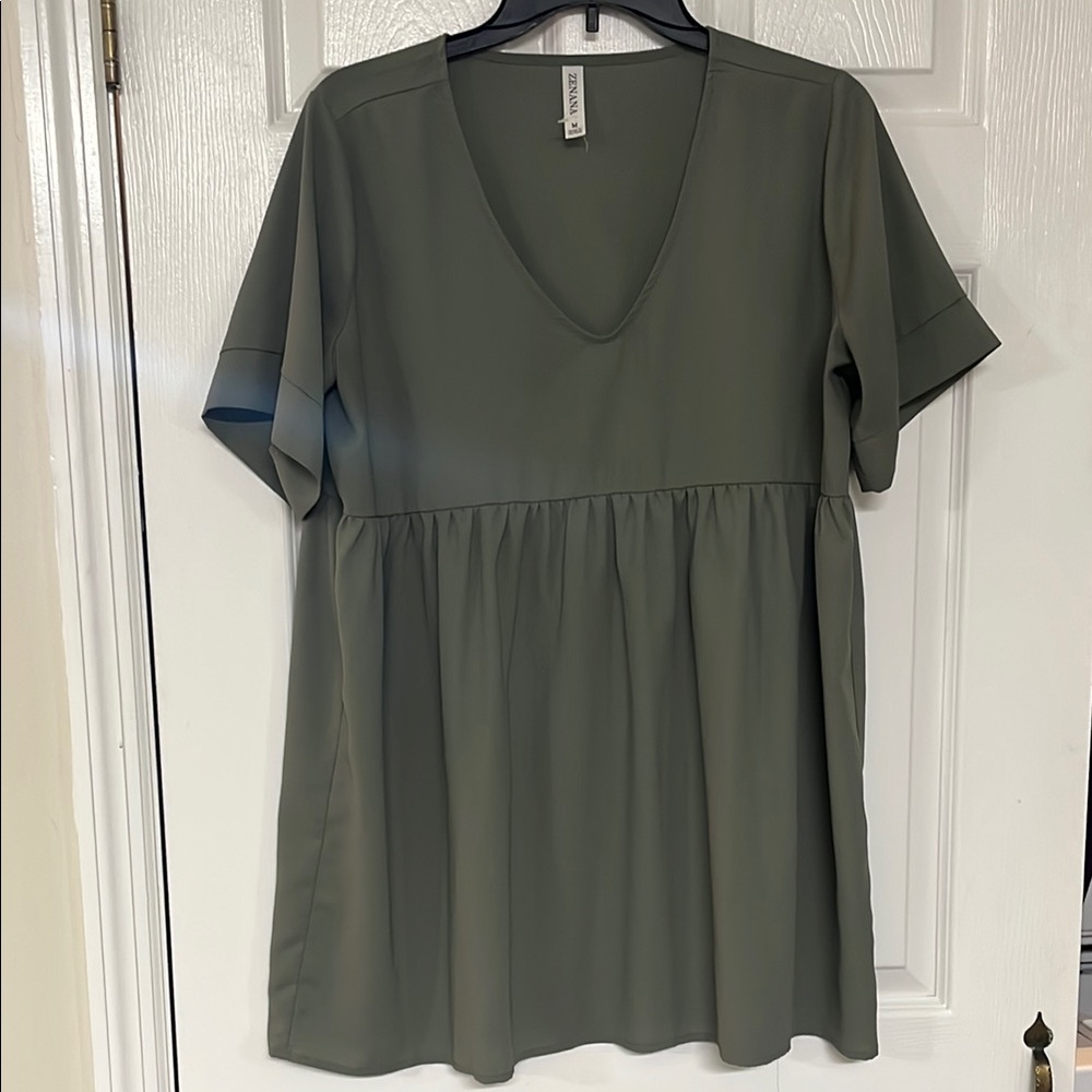 Olive Green V-Neck Babydoll Style Shirt